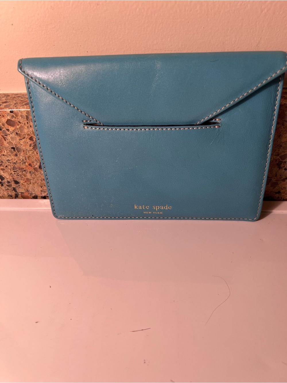 kate spade Blue Leather Envelope Wallet Wristlet Clutch 6.75x5”